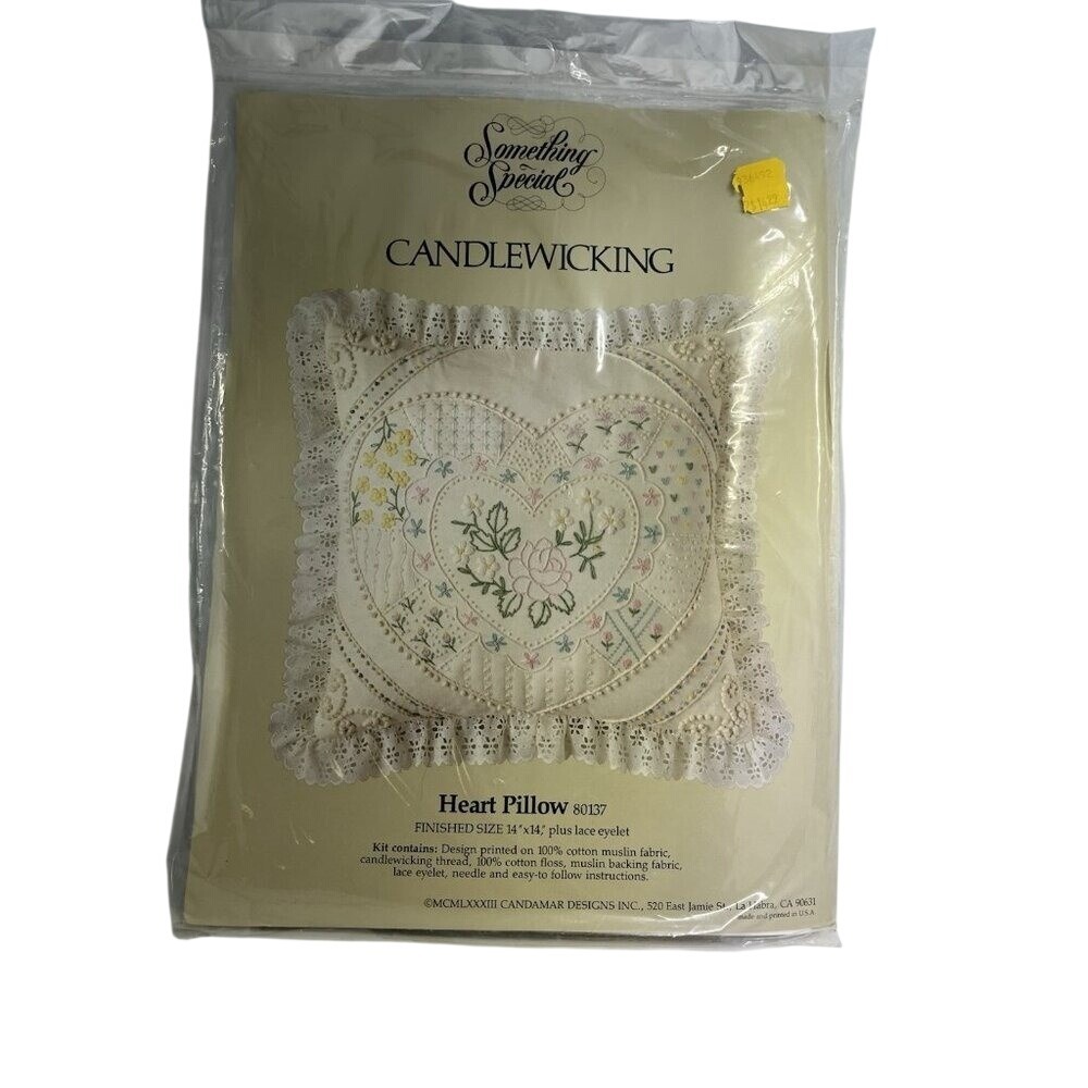 Vintage Something Special‎ Candlewicking Heart Pillow Kit 14x14 Lace Eyelet USA